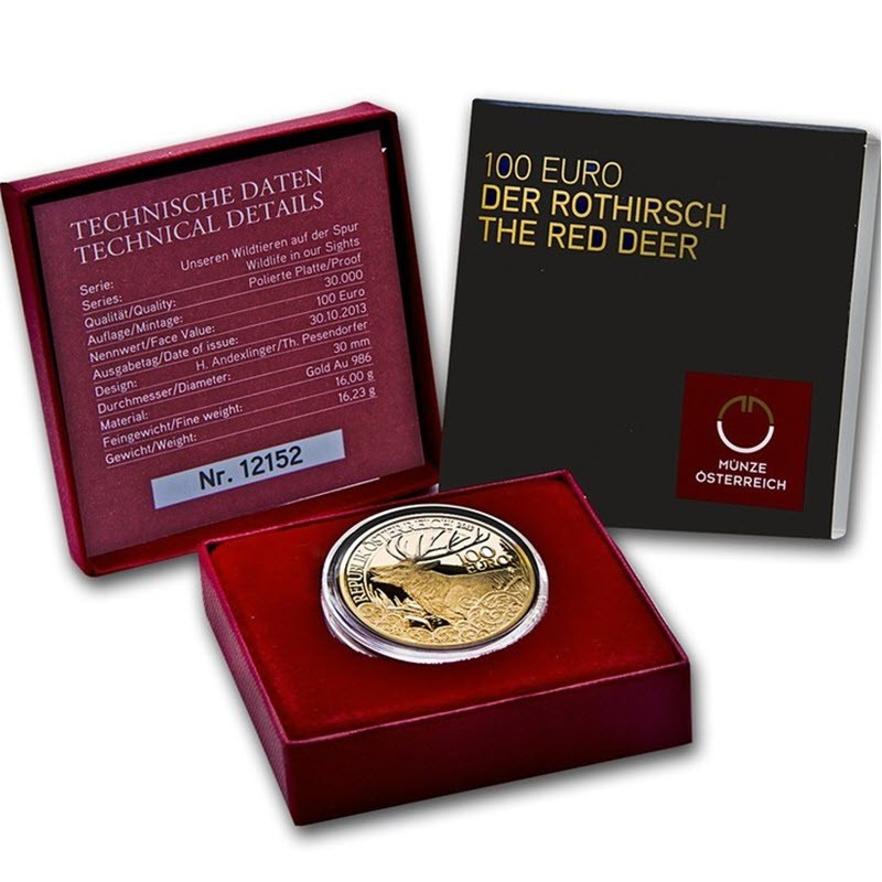 Золотая монета Австрии "Благородный Олень", 2013 г.в., 16 г чистого золота  (проба 0,986)