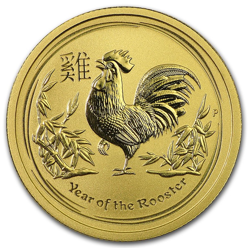 Золотая монета Австралии "Лунный календарь 2 - Год Петуха", 2017 г.в., 1/4 тройской унции, 7.78 г чистого золота (проба 0,9999)