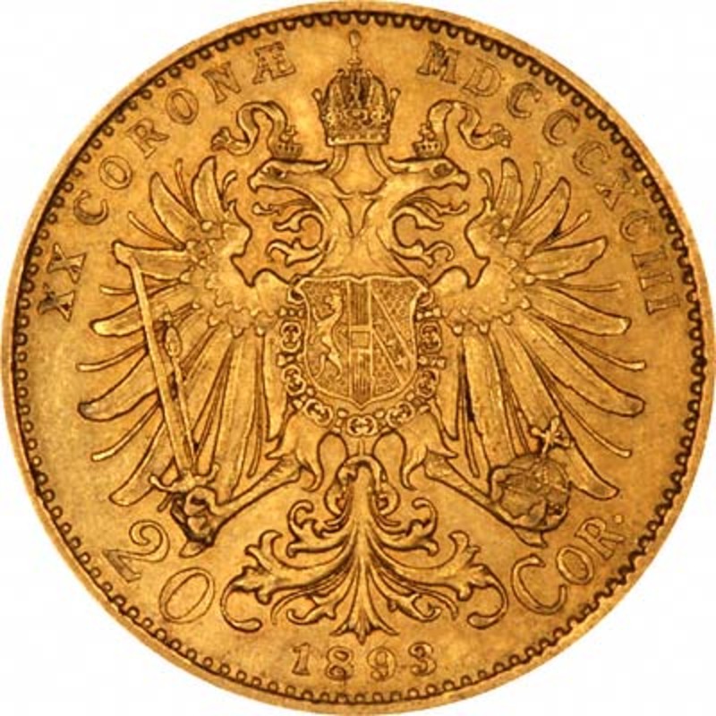 Золотая монета Австрии «20 крон Франца Иосифа» (рестрайк), 6.2 г чистого золота (проба 0.900)
