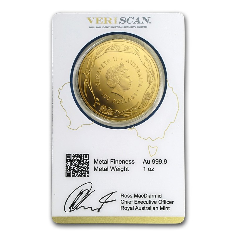Золотая монета Австралии - Кенгуру (Королевский австралийский монетный двор),  31.1 г чистого золота (проба 0,9999)