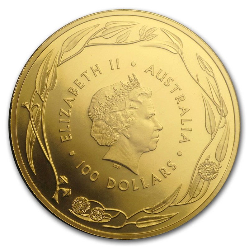Золотая монета Австралии - Кенгуру (Королевский австралийский монетный двор),  31,1 г чистого золота (проба 0,9999)