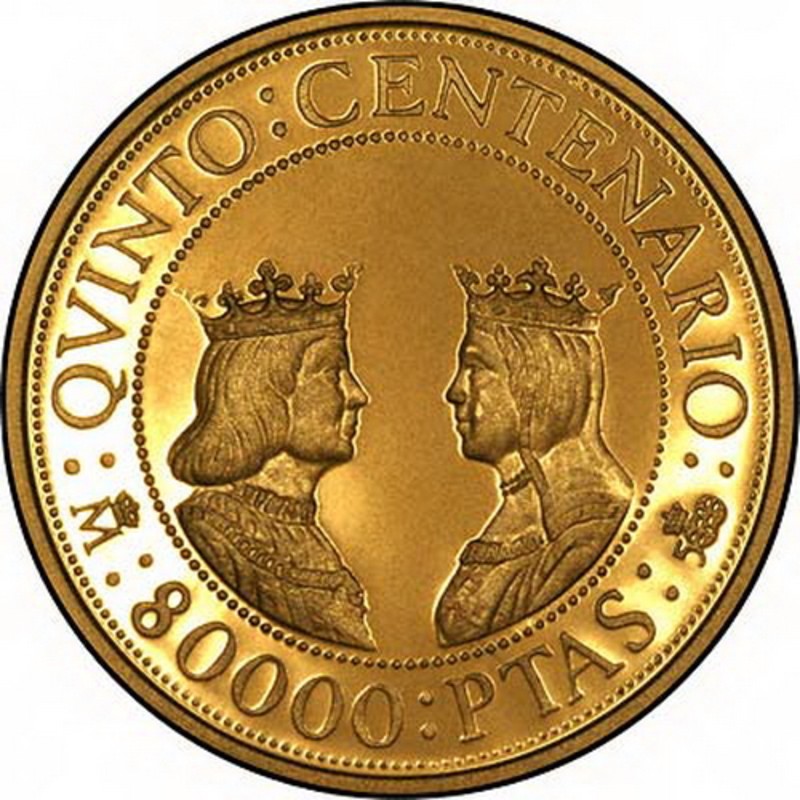 Золотая монета Испании «500 лет открытия Америки» 1989 г.в., 26.9 г чистого золота (проба 0.999)