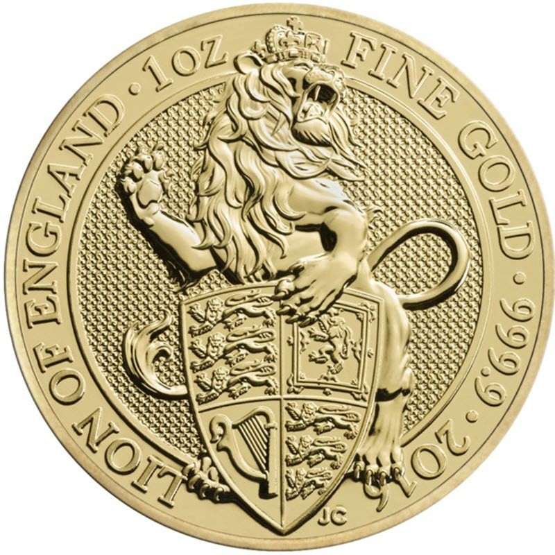 Золотая инвестиционная монета Великобритании - Лев Англии, 2016 г.в., 31.1 г чистого золота (проба 0,9999)