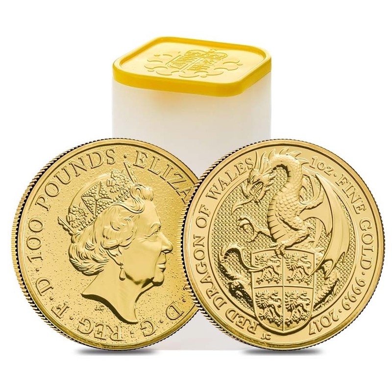 Золотая инвестиционная монета Великобритании - Красный Дракон, 2017 г.в., 31.1 г  чистого золота (проба 0.9999)