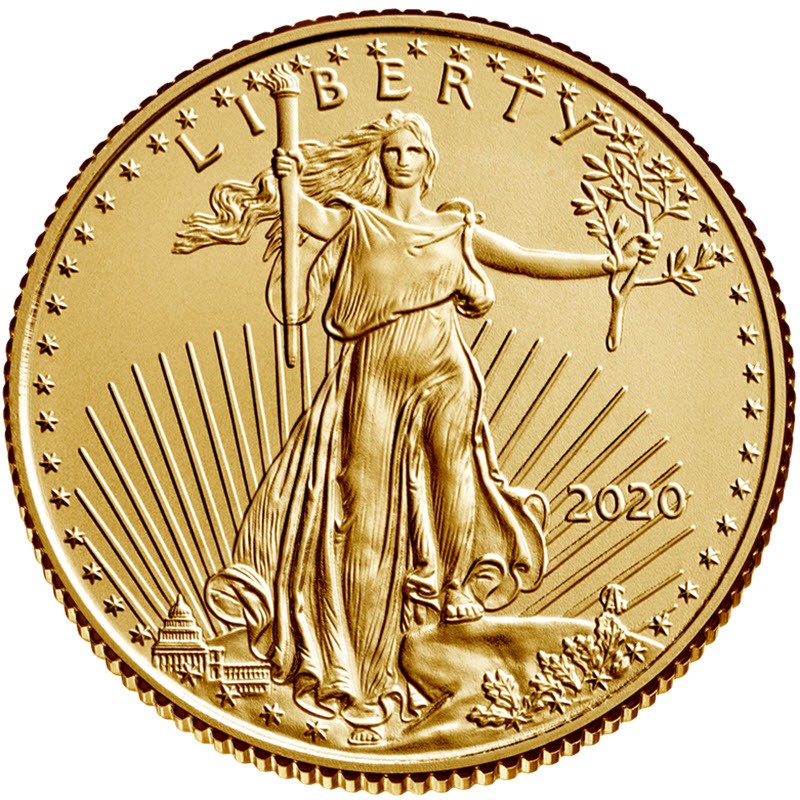Золотая инвестиционная монета США Американский Орел, 1/10  унции (3,11 г чистого золота), проба 0,9167