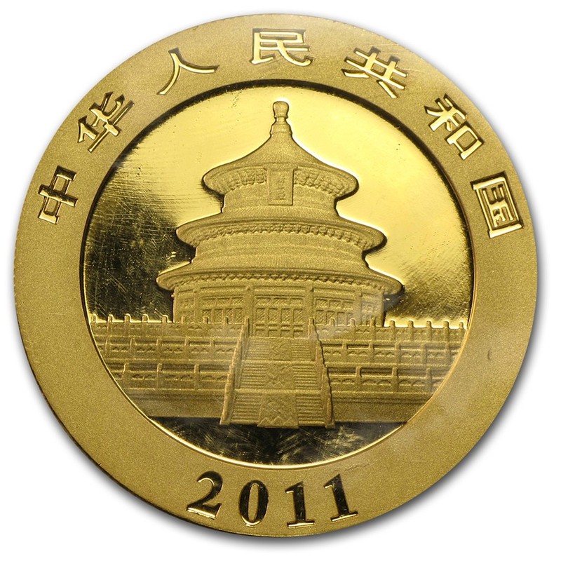 Золотая инвестиционная монета Китая - Панда 2011 г.в., 1 тройская унция (31,1 г) чистого золота (проба 0,9999)
