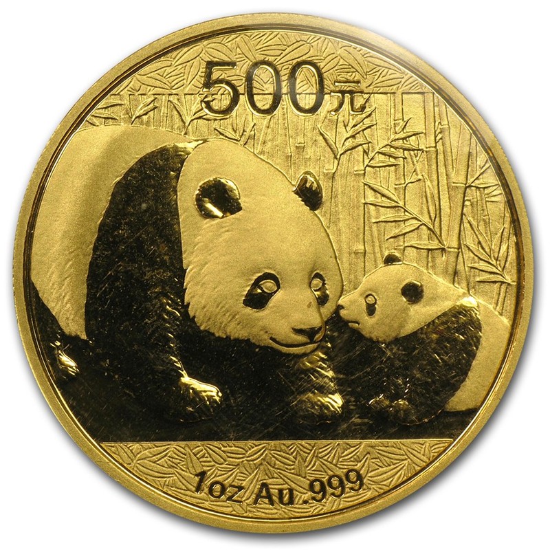Золотая инвестиционная монета Китая - Панда 2011 г.в., 1 тройская унция (31,1 г) чистого золота (проба 0,9999)