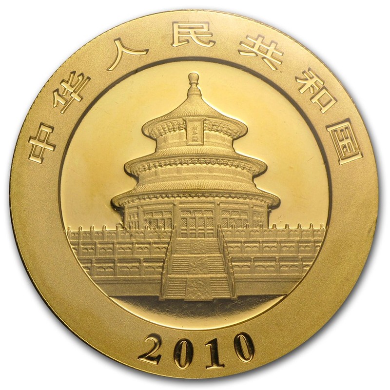 Золотая инвестиционная монета Китая - Панда 2010 г.в., 1 тройская унция (31,1 г) чистого золота (проба 0,9999)