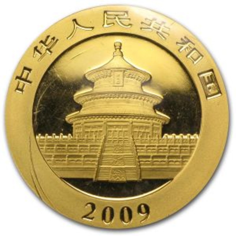Золотая инвестиционная монета Китая - Панда 2009 г.в., 1 тройская унция (31,1 г) чистого золота (проба 0,9999)