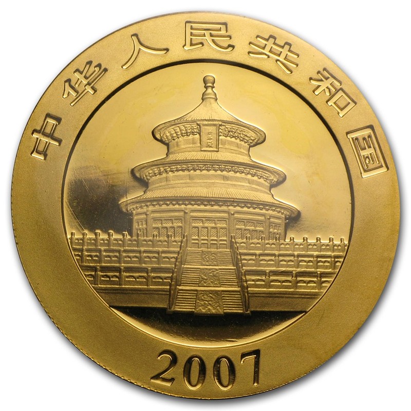 Золотая инвестиционная монета Китая - Панда 2007 г.в., 1 тройская унция (31,1 г) чистого золота (проба 0,999)