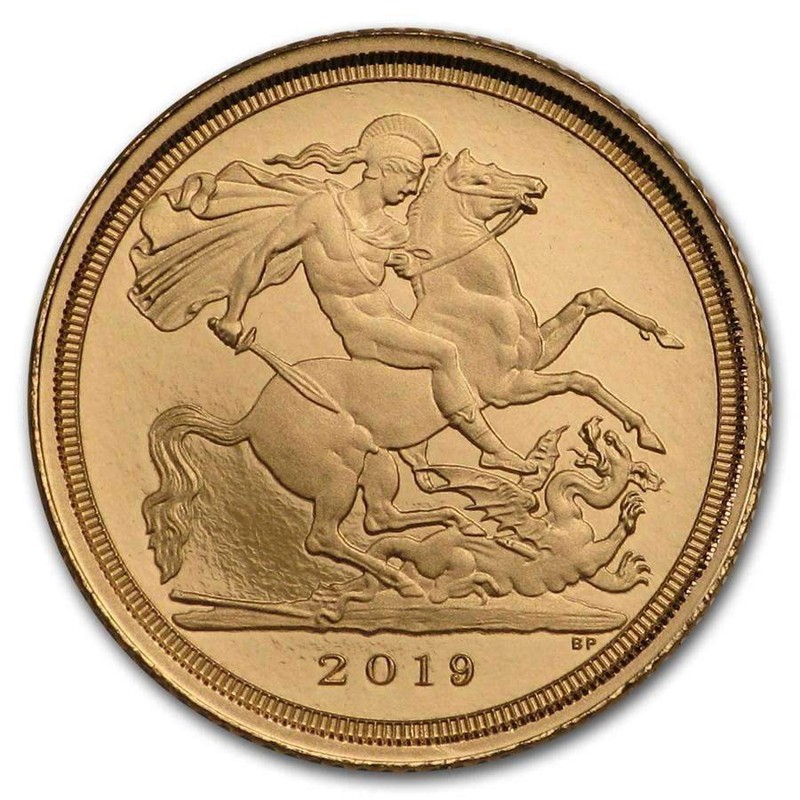 Золотая монета Великобритании  "Соверен Елизаветы II" (2016-2022 г.в. 5-й портрет),  7.32 г чистого золота (проба 0.917)