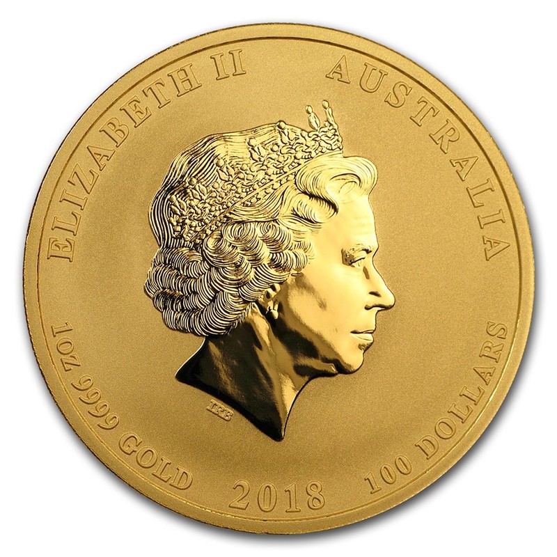 Золотая монета Австралии «Лунар II - Год Собаки» 2018 г.в., 31.1 г чистого золота (проба 0.9999)