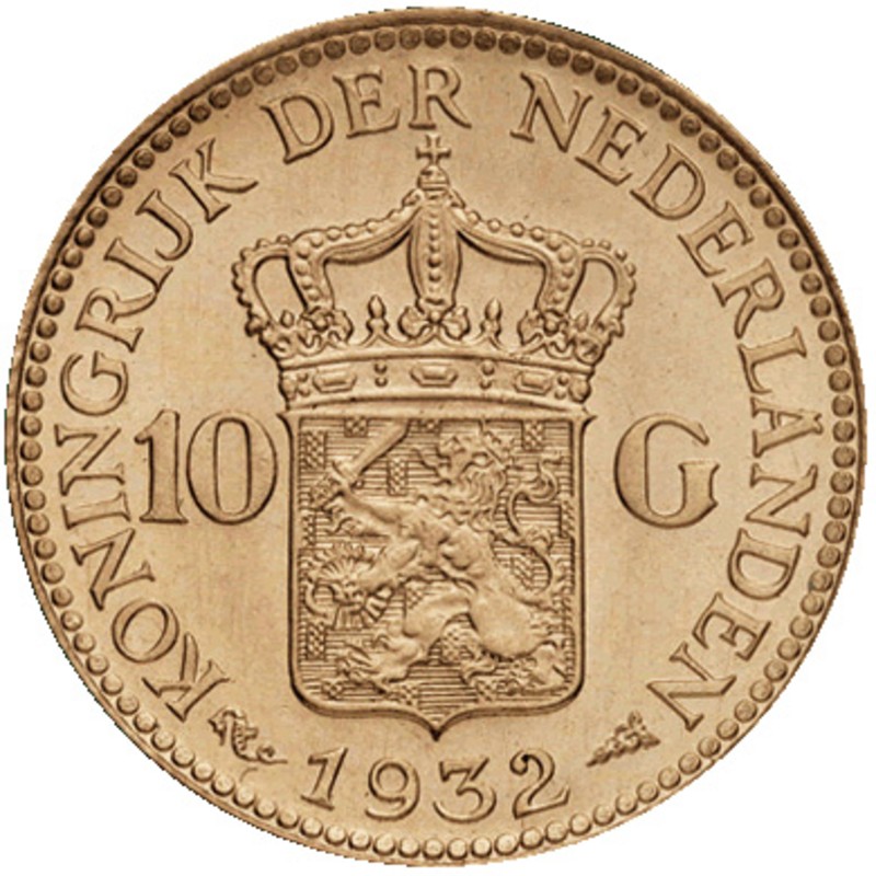 Золотая старинная монета Нидерландов Виллема III, 10 гульденов, 1875 г.в., 6.06 г. чистого золота (проба 0.900)