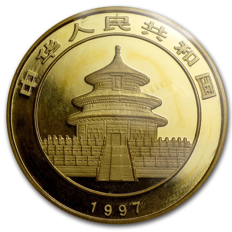 Золотая инвестиционная монета Китая - Панда 1997 г.в., 1 тройская унция (31,1 г) чистого золота (проба 0,999)