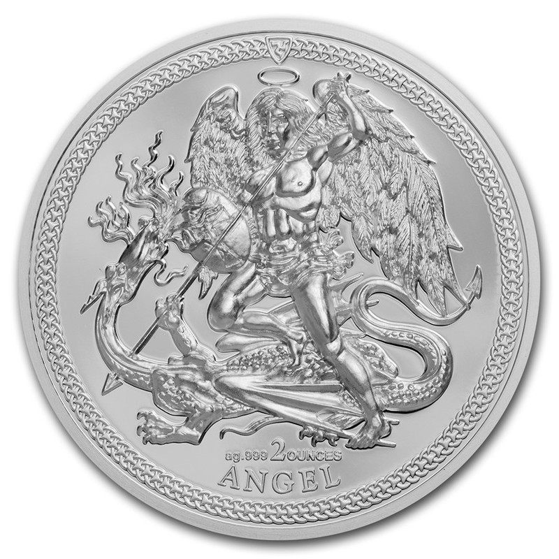 Серебряная монета Острова Мэн «Ангел, сражающийся с драконом» 2017 г.в., 62.2 г чистого серебра (проба 0.999)