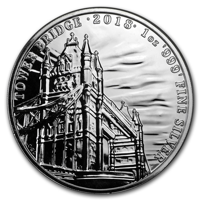 Серебряная монета Великобритании «Тауэр-бридж» 2018 г.в., 31.1 г чистого серебра (проба 0.999)