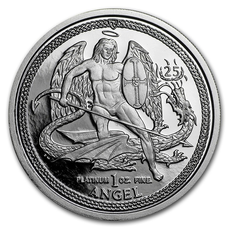 Платиновая монета Острова Мэн «Ангел, сражающийся с драконом» 2009 г.в., 31.1 г чистой платины (проба 0.9995)