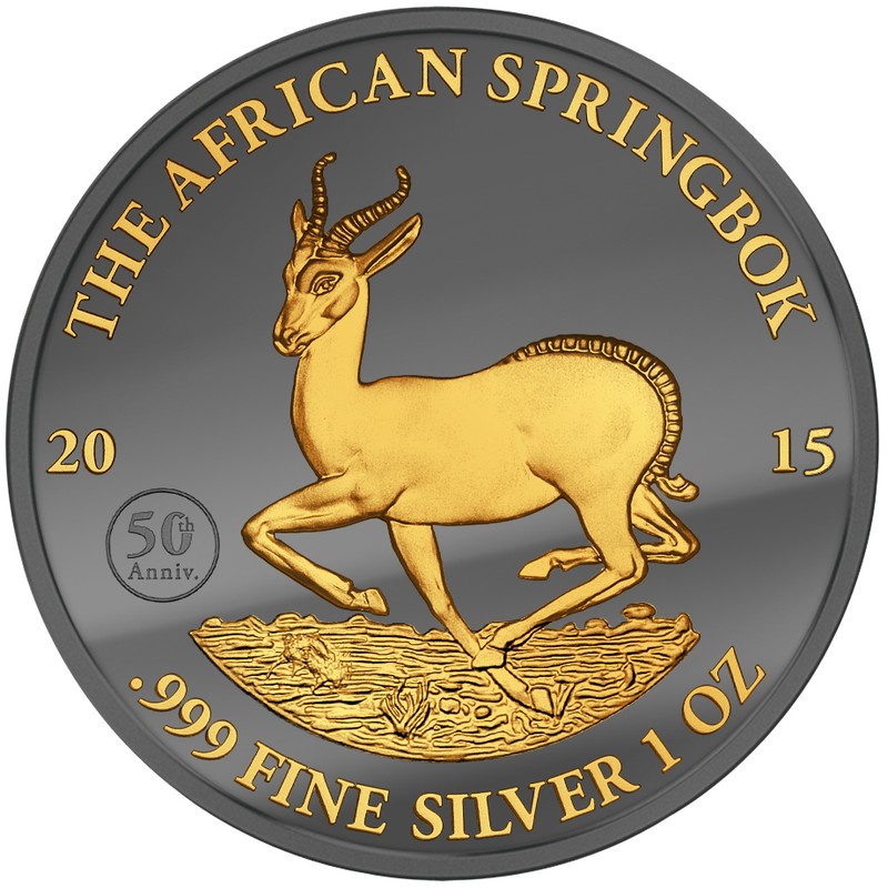 Серебряная монета Габона «Африканская антилопа» с покрытием из рутения и золота 2015 г.в., 31.1 г чистого серебра (проба 0.999)