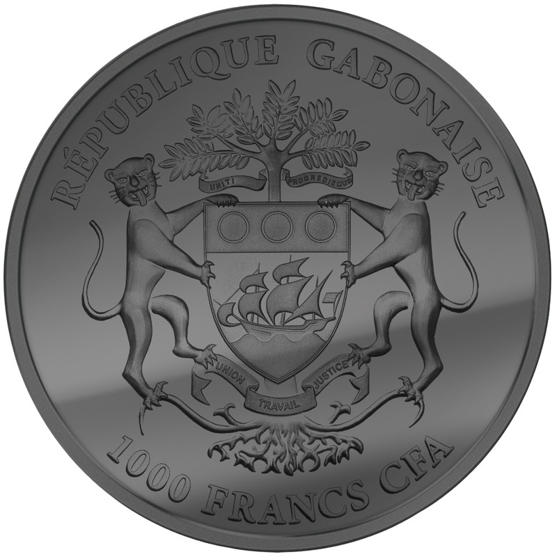 Серебряная монета Габона «Африканская антилопа» с покрытием из рутения и золота 2015 г.в., 31.1 г чистого серебра (проба 0.999)