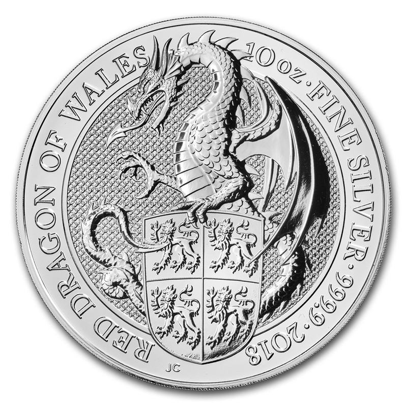 Серебряная монета Великобритании "Звери Королевы. Красный дракон"  2018 г.в., 311 г чистого серебра (Проба 0,9999)
