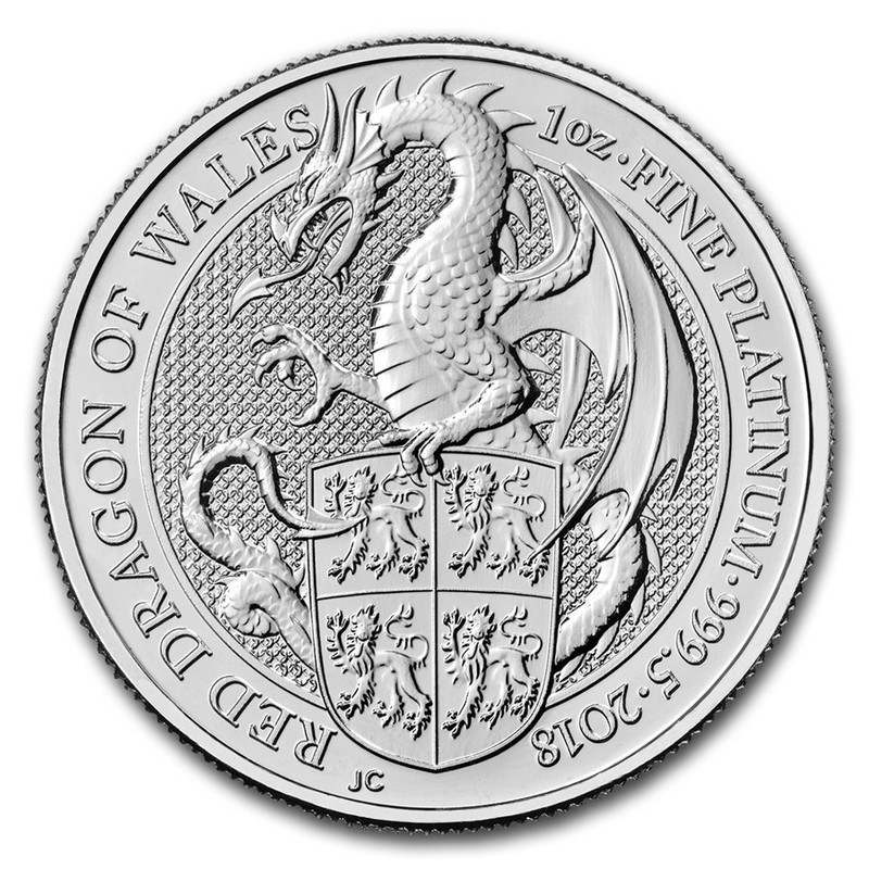 Платиновая монета Великобритании - Красный Дракон, 2018 г.в., 31,1 г чистой платины (Проба 0,9995)