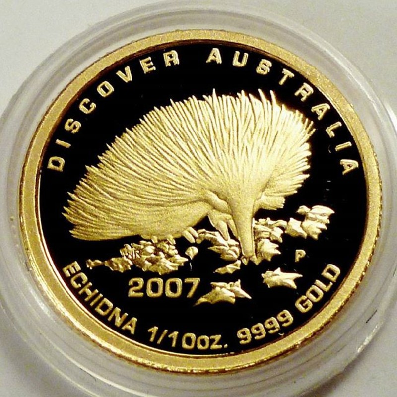 Золотая монета Австралии «Открой Австралию. Ехидна» 2007 г.в., 3.11 г чистого золота (проба 0.9999)