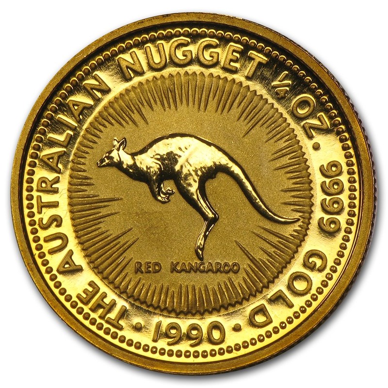 Золотая инвестиционная монета Австралии - Кенгуру 1990 г.в., 1/4 тройской унции (7,78 г) чистого золота (проба 0,9999)
