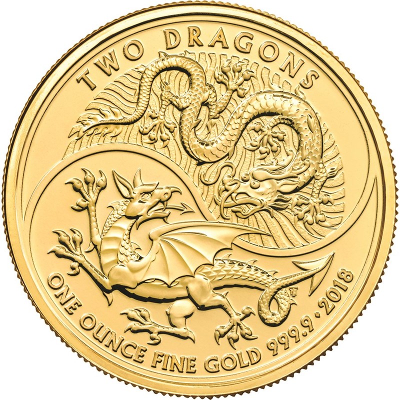 Золотая монета Великобритании "Два Дракона" 2018 г.в., 31,1 г чистого золота (Проба 0,9999)