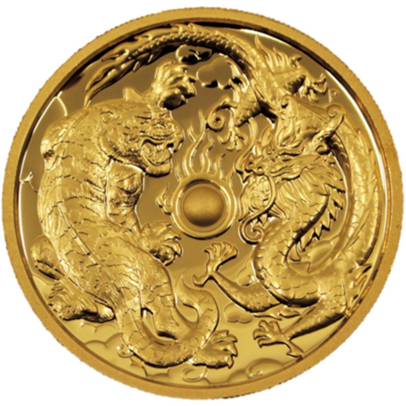 Золотая монета Австралии «Дракон и Тигр» 2018 г.в., 62.2 г чистого золота (Проба 0.9999)