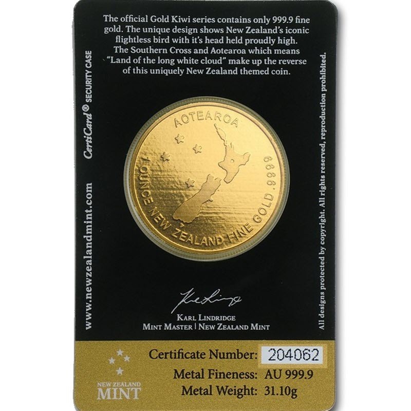 Золотой жетон Новой Зеландии - Киви, 31,1 г чистого золота (Проба 0,9999)