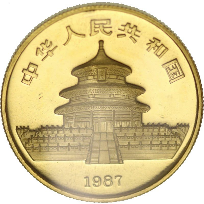 Золотая инвестиционная монета Китая - Панда 1987 г.в., 1/2 тройской унции (15,55 г) чистого золота (проба 0,999)