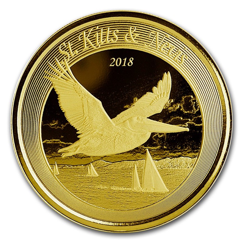 Золотая монета Сент-Китс и Невис "Пеликан" 2018 г.в., 31.1 г чистого золота (Проба 0,9999)