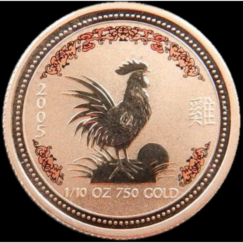 Золотая монета Австралии «Год Петуха» 2005 г.в., 3.11 г чистого золота (проба 0.750) с цветным изображением