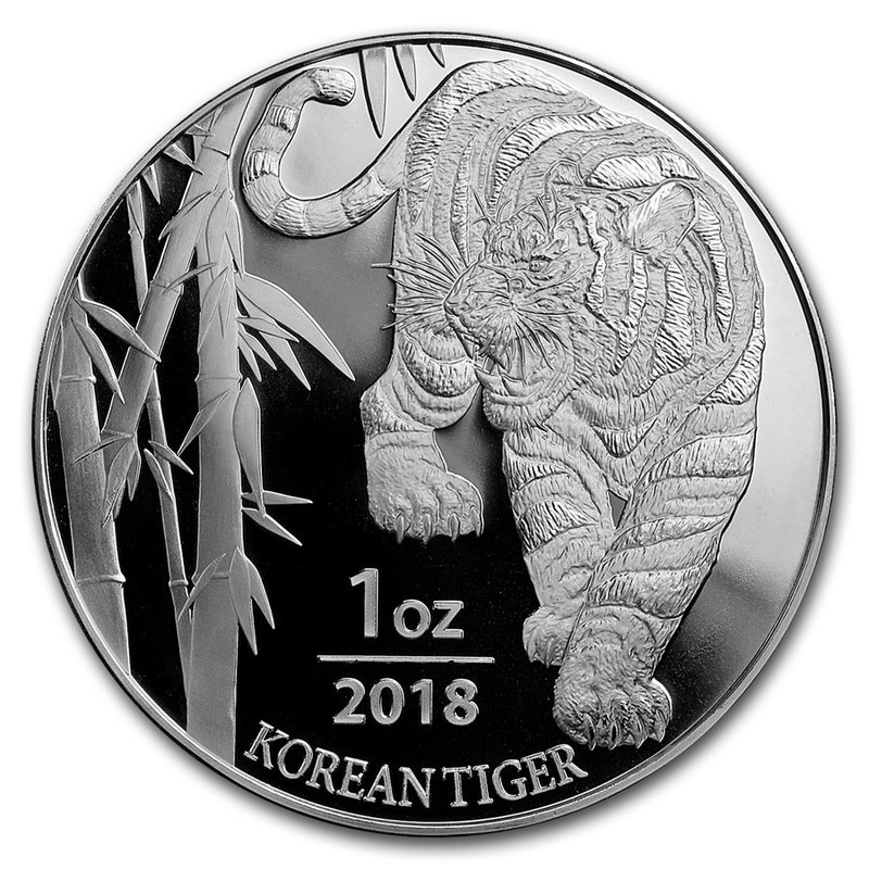 Серебряный жетон Южной Кореи "Корейский тигр" 2018 г.в., 31,1 г чистого серебра (Проба 0,999)