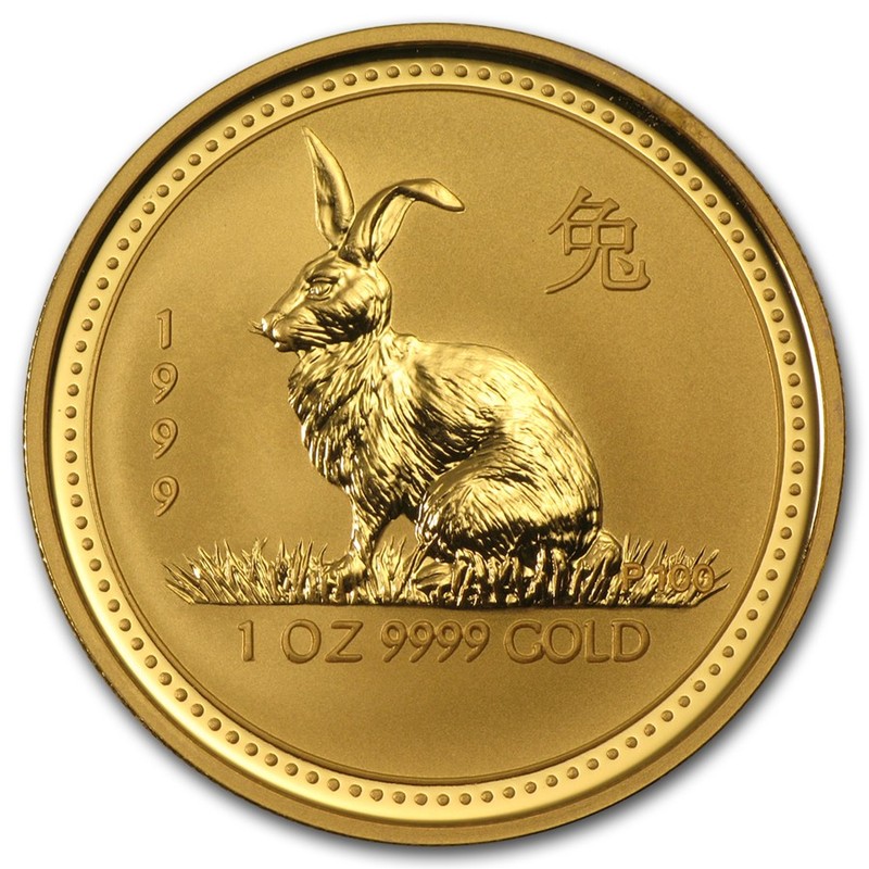 Золотая монета Австралии "Лунар I - Год Кролика" 1999 г.в., 31.1 г чистого золота (Проба 0,9999)