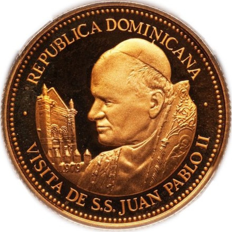 Комиссия: Золотая монета Доминиканской республики "Визит Папы Иоанна Павла II в Доминикану" 1979 г.в., 10,8 г чистого золота (Проба 0,900)