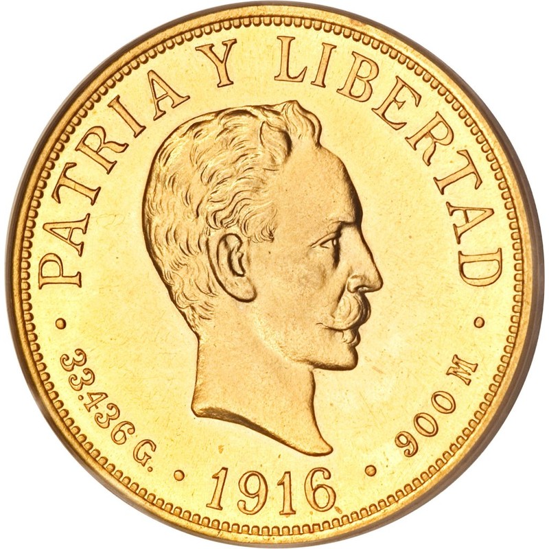 Золотая монета Кубы - 20 песо 1915 г.в., 30,09 г чистого золота (Проба 0,900)