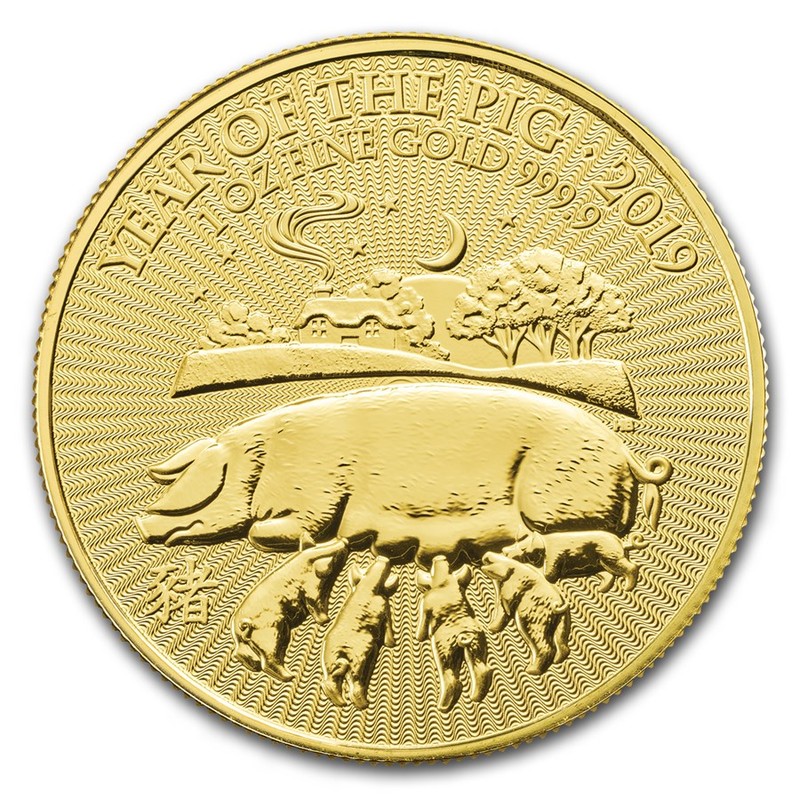 Золотая монета Великобритании "Год Свиньи" 2019 г.в., 31,1 г чистого золота (Проба 0,9999)