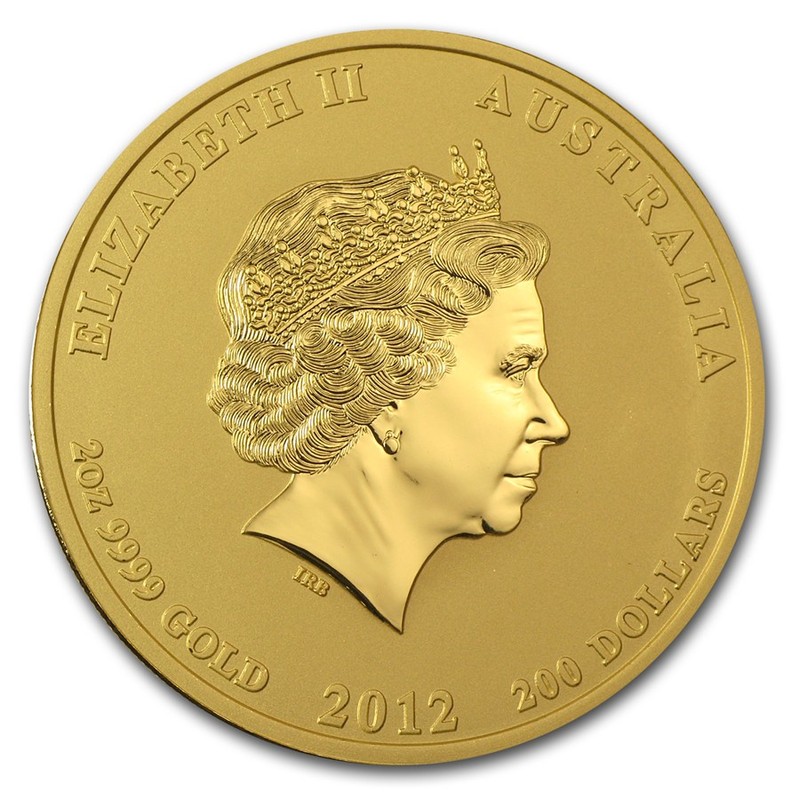 Золотая монета Австралии "Лунный календарь II - Год Дракона" 2012 г.в., 62,2 г чистого золота (Проба 0,9999)