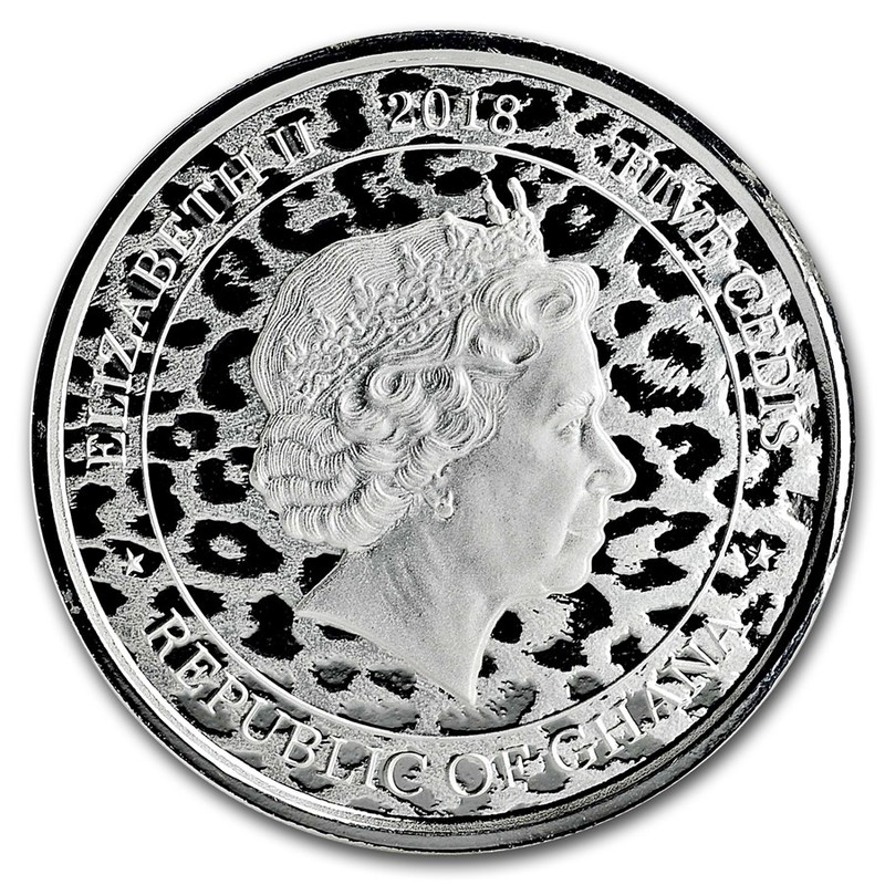 Серебряная монета Ганы "Африканский леопард" 2018 г.в., 31,1 г чистого серебра (Проба 0,999)