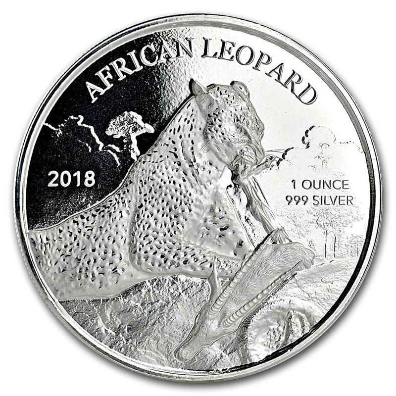 Серебряная монета Ганы "Африканский леопард" 2018 г.в., 31,1 г чистого серебра (Проба 0,999)