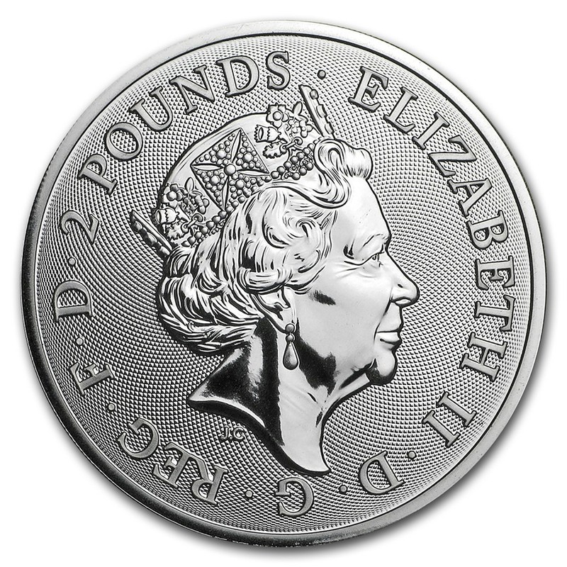 Серебряная монета Великобритании «Год Собаки» 2018 г.в., 31.1 г чистого серебра (проба 0.999)