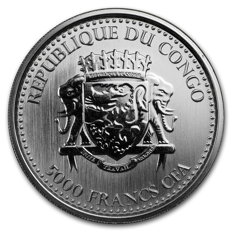 Серебряная монета Конго "Горилла" 2018 г.в., 31,1 г чистого серебра  (Проба 0,999)