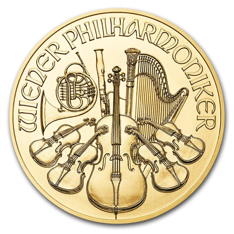 Золотая инвестиционная монета Австрии Венский Филармоникер 2012 -2016 г.г. 31,1 гр чистого золота (проба 0,9999)