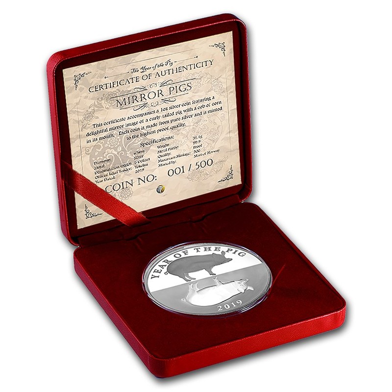 Серебряная монета Токелау "Зеркало. Год Свиньи." 2019 г.в., 31,1 г чистого серебра (Проба 0,999)