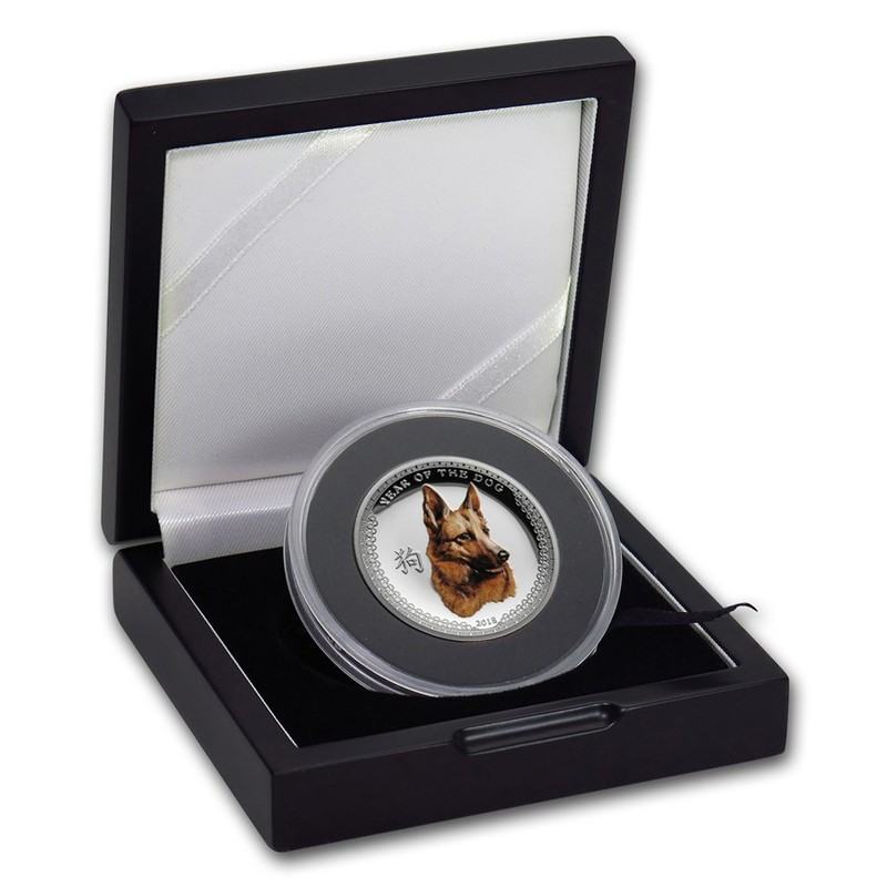 Серебряная монета Палау "Год Собаки" 2018 г.в. (с цветным изображением), 31,1 г чистого серебра (проба 0,999)