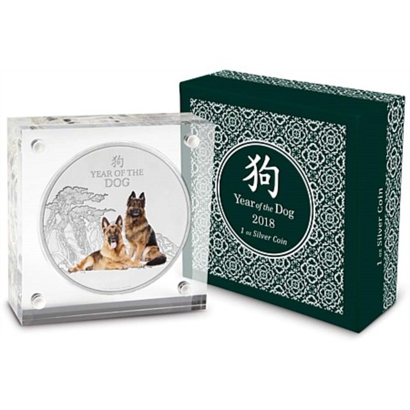 Серебряная монета Ниуэ "Год Собаки" 2018 г.в. с цветным изображением, 31,1 г чистого серебра (Проба 0,999)