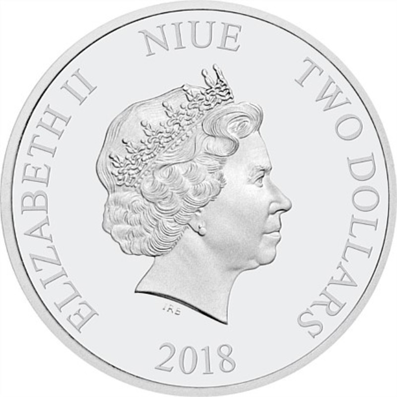Серебряная монета Ниуэ "Год Собаки" 2018 г.в. с цветным изображением, 31,1 г чистого серебра (Проба 0,999)