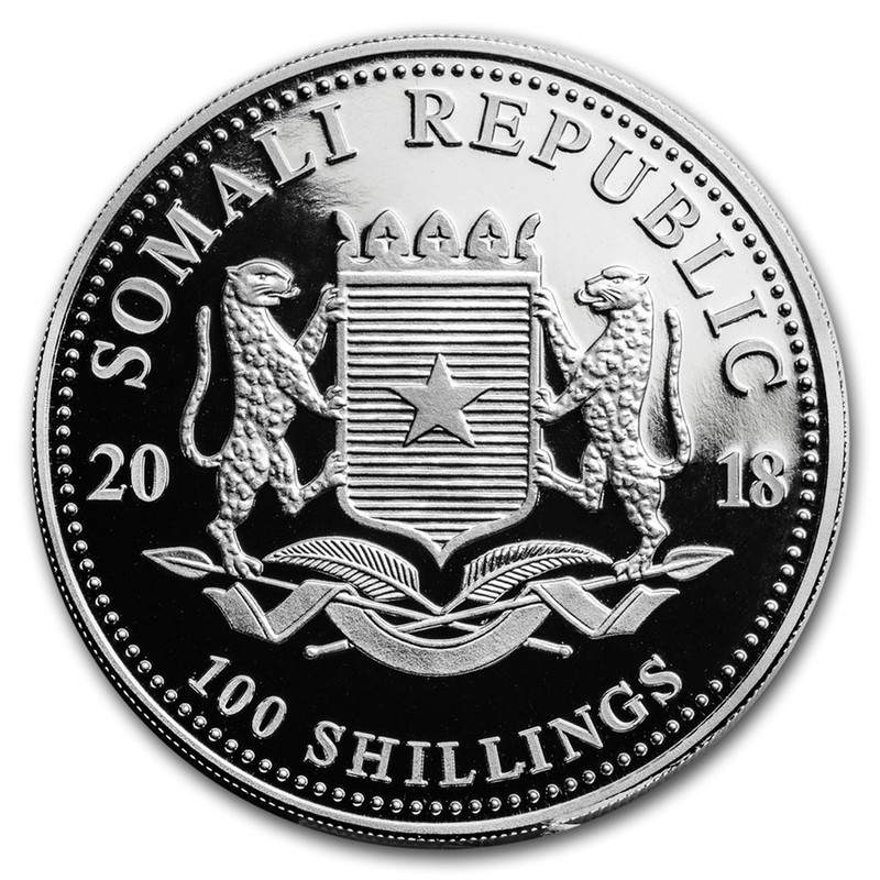 Серебряная монета Сомали "Леопард" 2018 г.в., 31.1 г чистого серебра (Проба 0,9999)