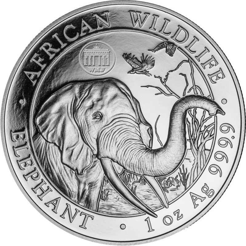 Серебряная монета Сомали «Слон» - WMF (Всемирная выставка денег), 2018 г.в., 31.1 г чистого серебра (проба 0.9999)